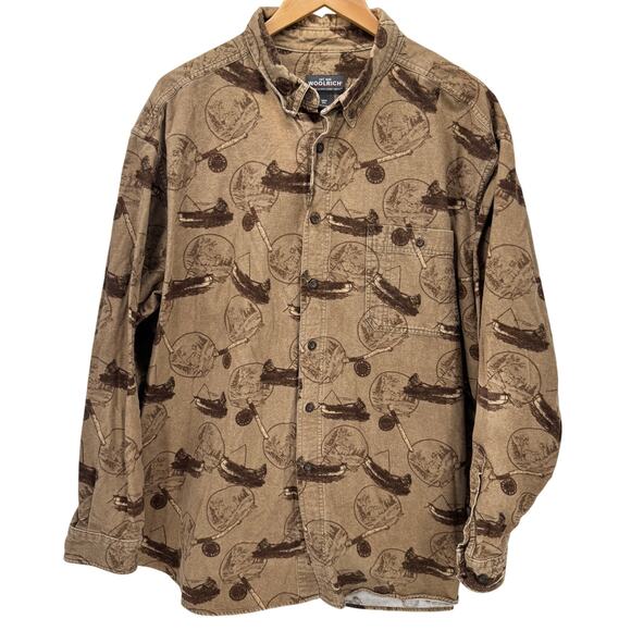Woolrich Flannel Shirt Mens 2XL Fisherman Print Button Down Long Sleeve Cotton - Picture 1 of 8